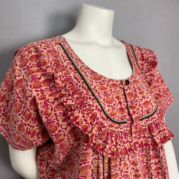 Handmade Muumuu Dress Batik Ruffle Neckline Short Sleeve Red Yellow Women Mumu - Picture 3 of 9